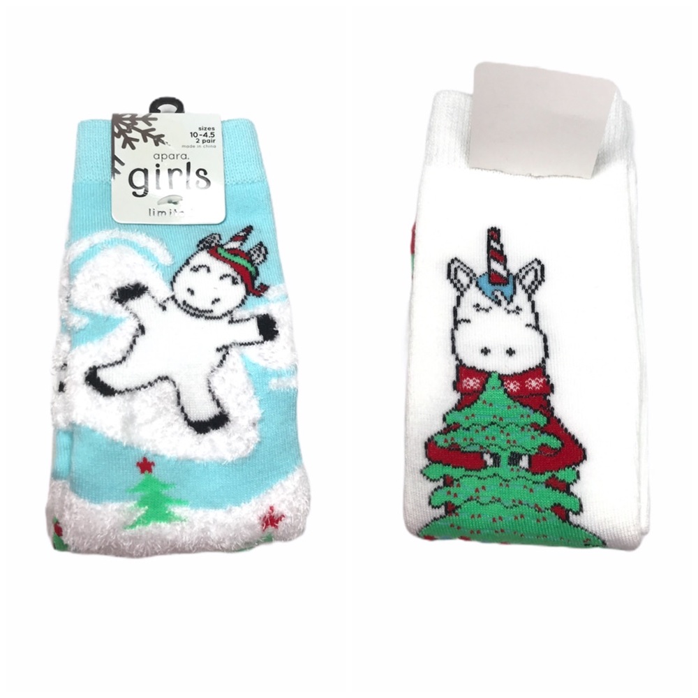 Apara Christmas Tree Unicorns Crew Socks, 2Pairs, White